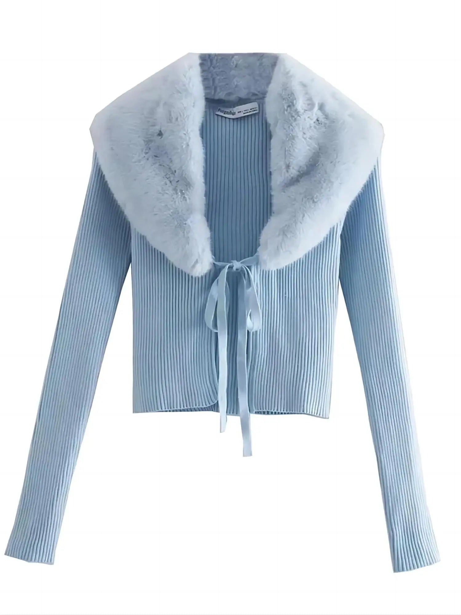 Klacwaya Cardigans For Women 2021 Vintage Faux Fur Effect Fur Collar Knitted Sweater Long Sleeve Top Blue Sweater Knit Cardigan
