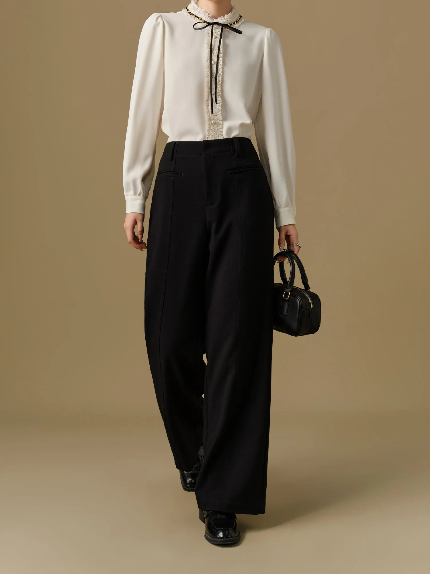 DUSHU Women Black Suit Trouser Winter Thick Straight Full Length Slightly Strech Solid Pants Office Lady Long Trouser 24DS84344