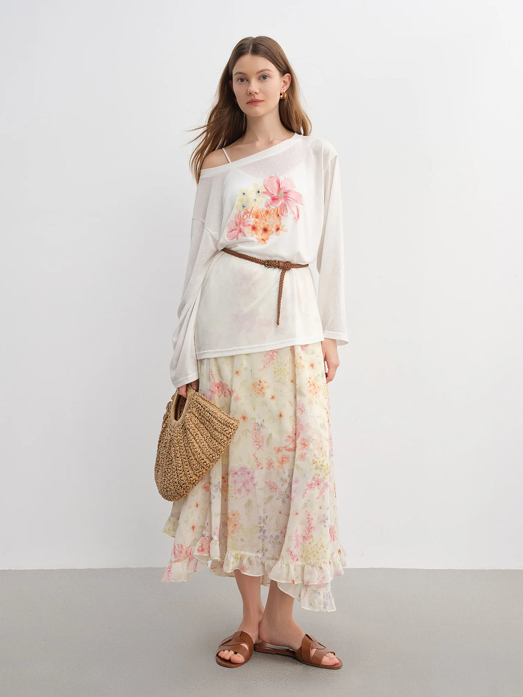 DUSHU Plus-Size Women's Ruffled Lace Floral A-Line Skirt 2025 Summer New Stylish Office Casual Skirts