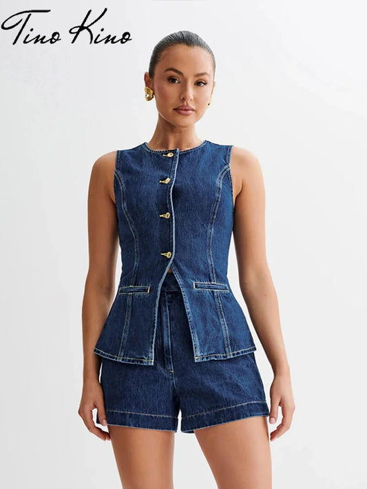 Denim 2 Pieces Sets Women Fashion Slim O-neck Sleeveless Single Breasted Vest Wide Leg Shorts 2024 Summer Y2K Lady Outfit