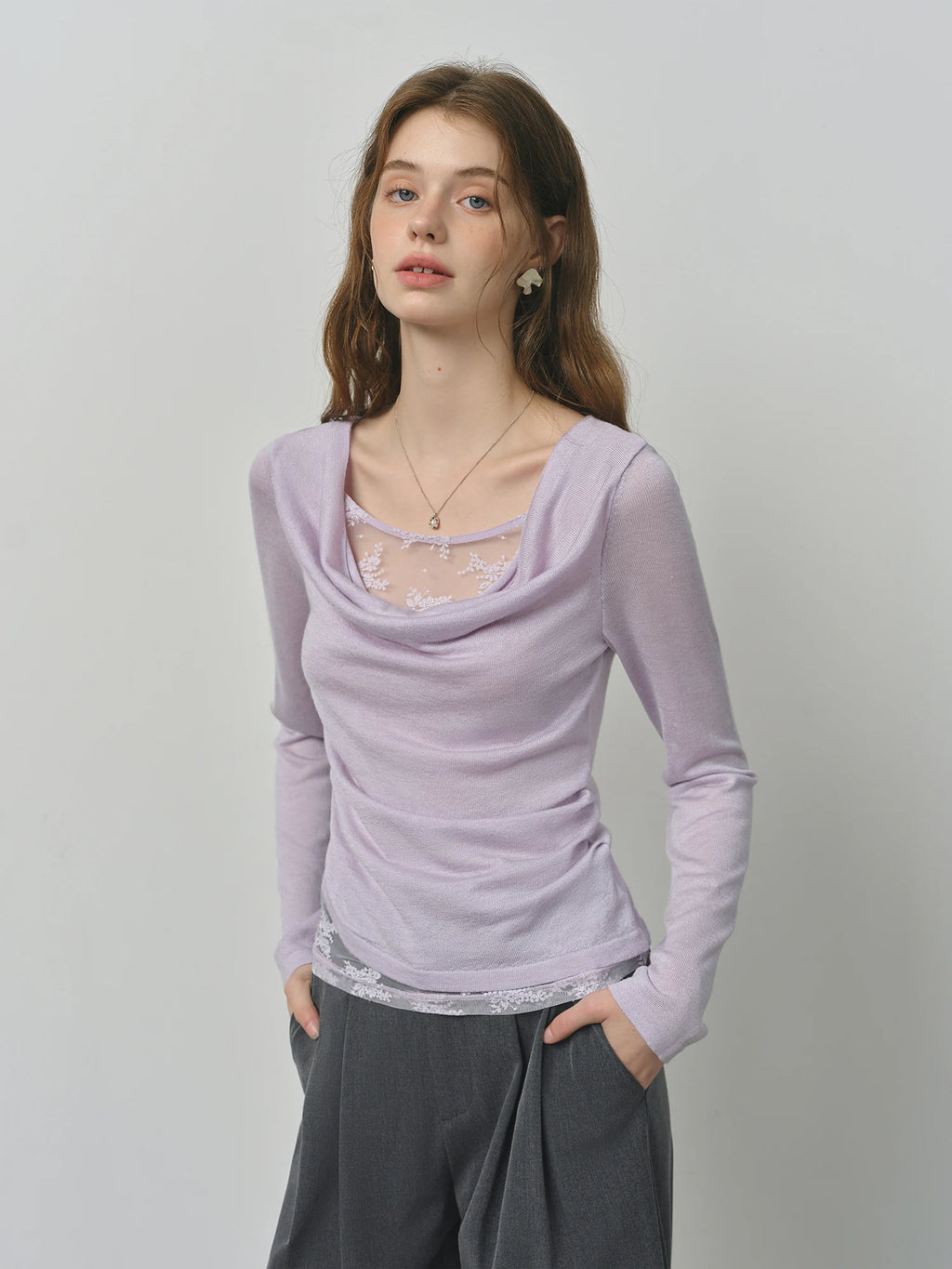 FSLE Purple Swing Collar Mesh Knit Sweater Women 2025 Autumn New Thin Slightly Transparent Long Sleeve Top