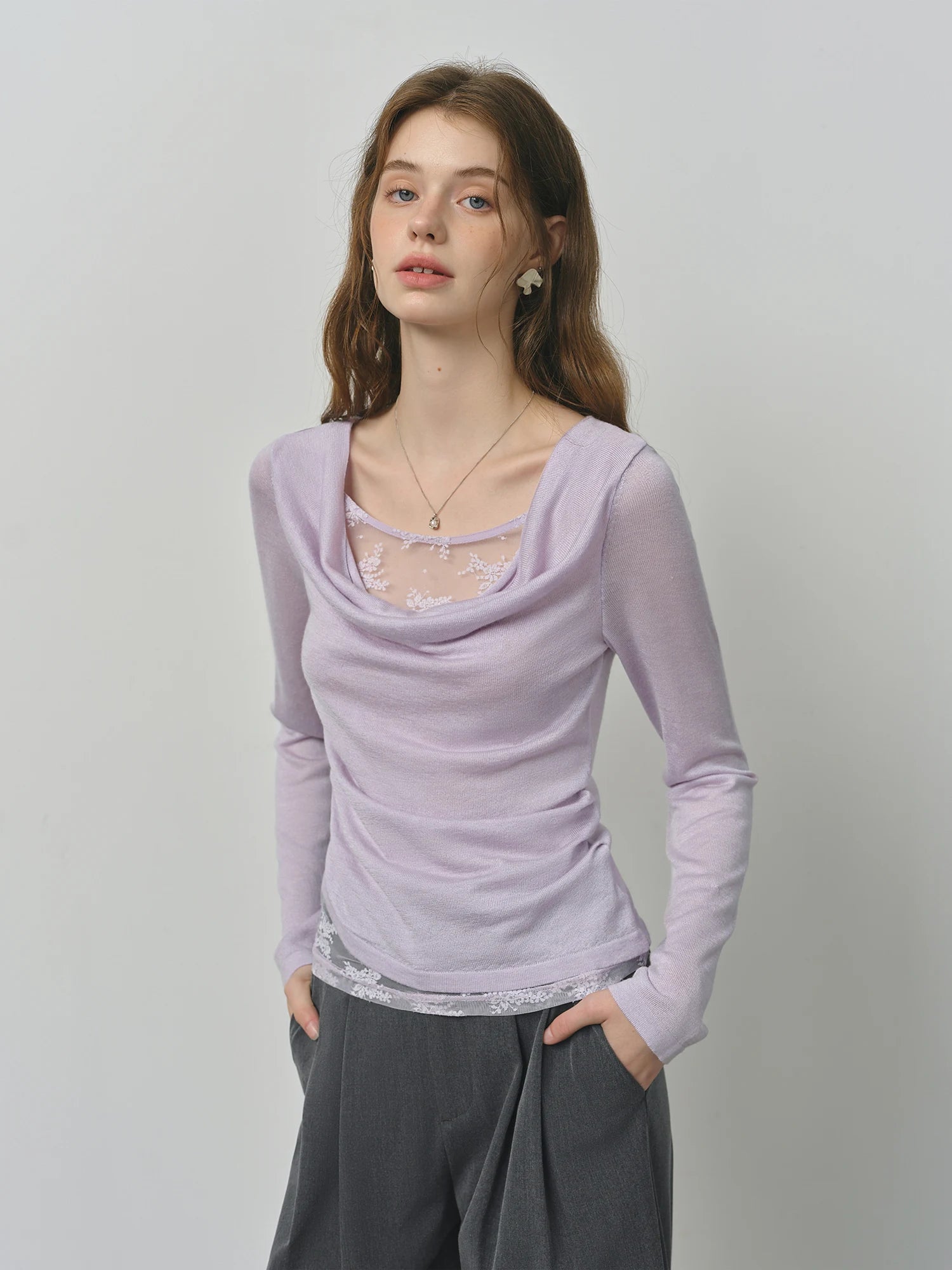 FSLE Purple Swing Collar Mesh Knit Sweater Women 2025 Autumn New Thin Slightly Transparent Long Sleeve Top