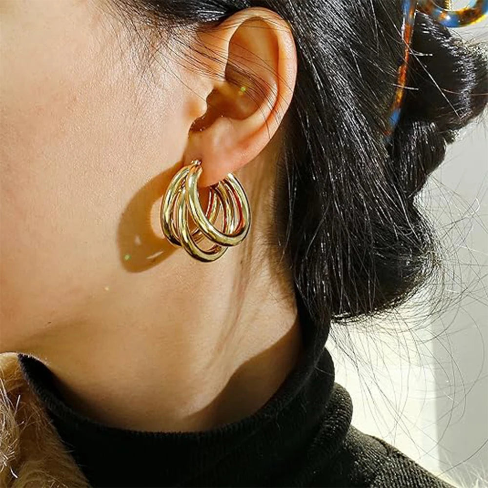 Badu Trendy Chunky Gold Color Triple Hoop Earrings for Women Vintage Statement Earrings Party Dainty Jewelry Gift