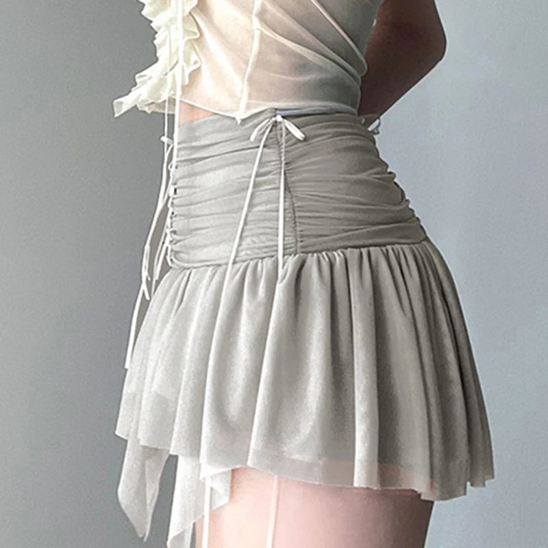 Transparent Mesh Mini Skirt Y2k Irregular Low Rise Patchwork Pleated Skirts for Women Vintage 90s Clothing Ladies