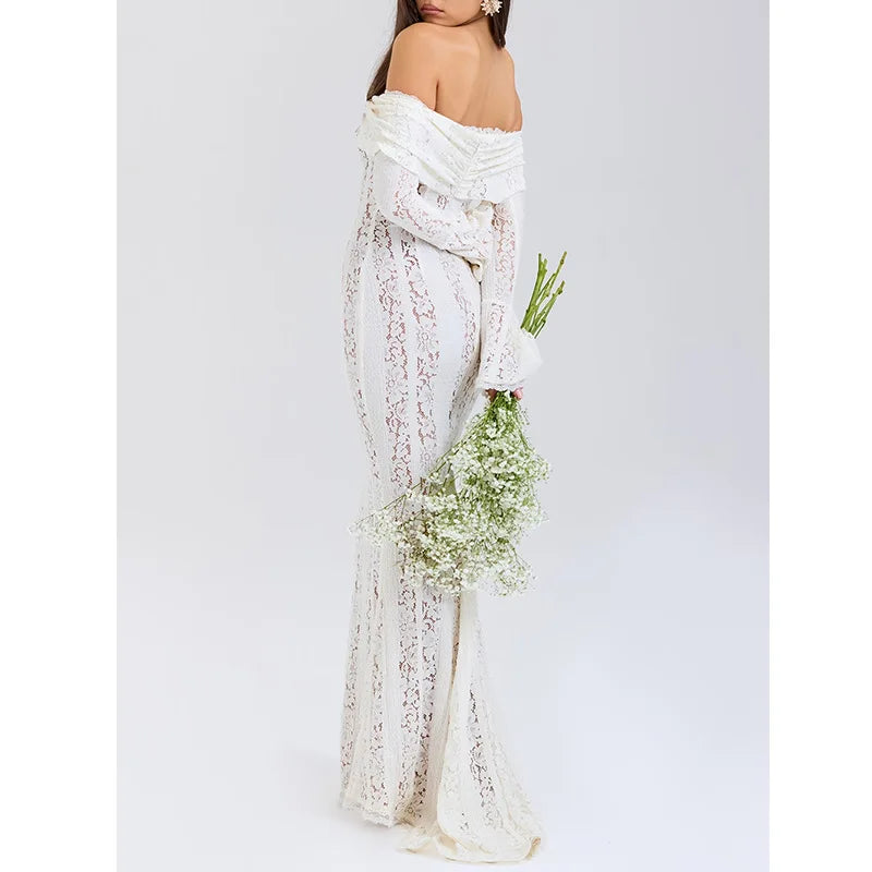 Elegant Off-Shoulder Lace Maxi Dress with Flared Sleeves and High-Low Hem