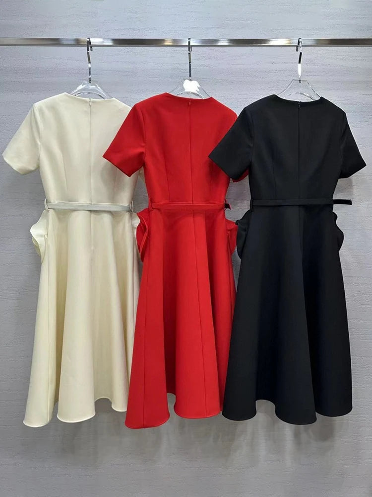 VGH Elegant Solid Patchwork Appliques Dresses For Women V Neck Short Sleeve High Waist Spliced Belt Temperament Dress Female New
