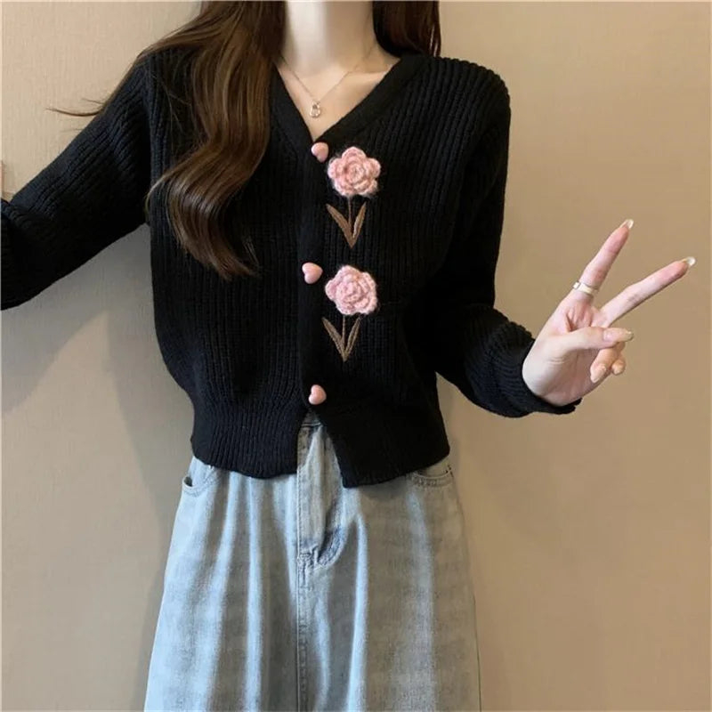 Heavy Industry Beautiful Flowers Knitted Cardigan Sweater Women Slim In Autumn And Winter With Small Cardigan V-neck Short Coat