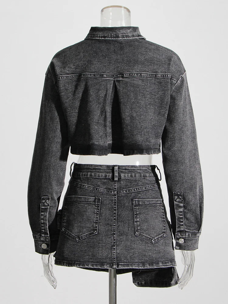 TWOTWINSTYLE Black Two Piece Sets For Women Lapel Long Sleeve Short Top High Waist Patchwork Pocket Mini Skirt Denim Set Female