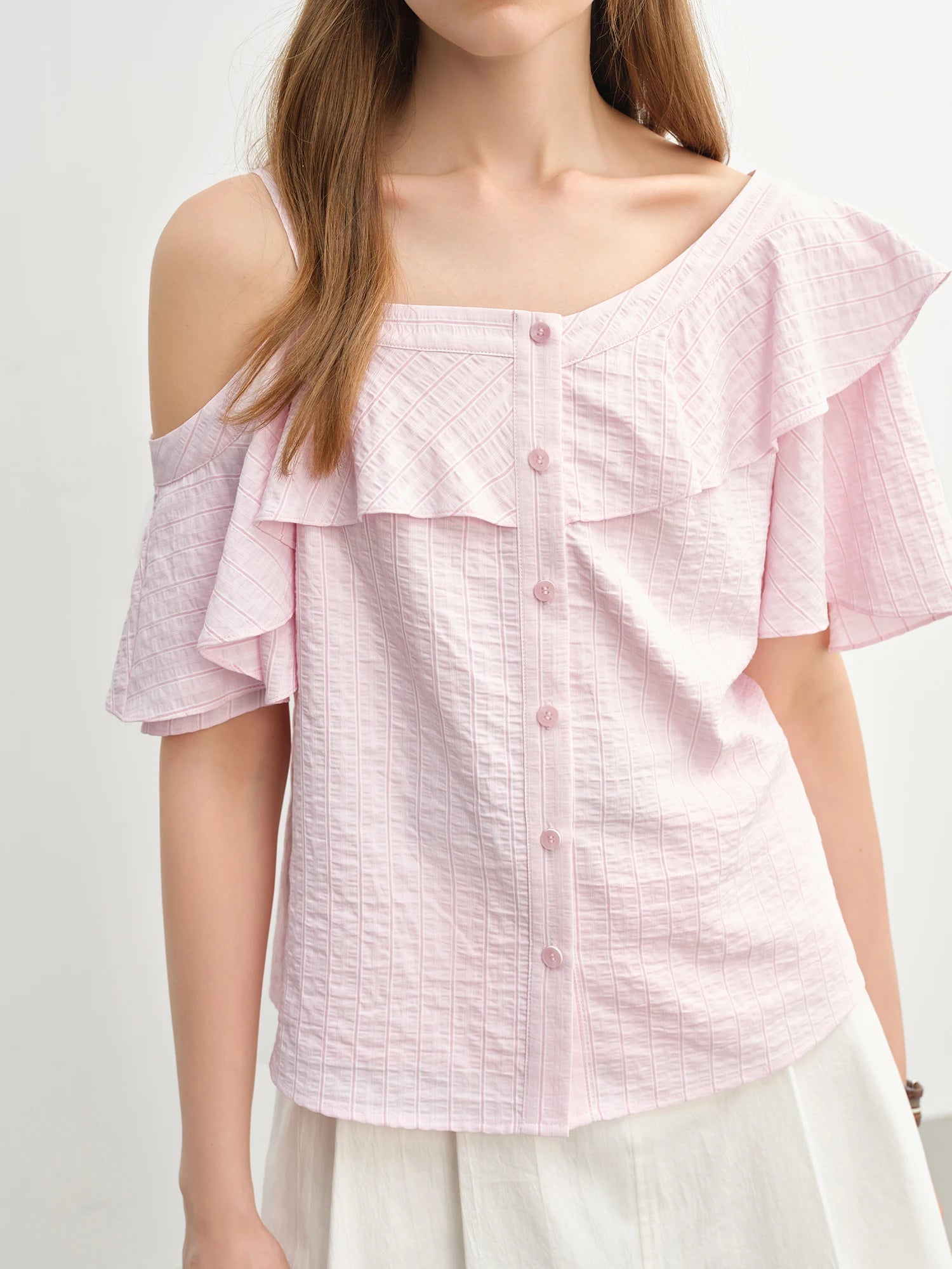 DUSHU 2025 Summer New Style Plus Size Women's Asymmetric Off-Shoulder Ruffled Shirt for Plus-Size Girls Blouses Tops