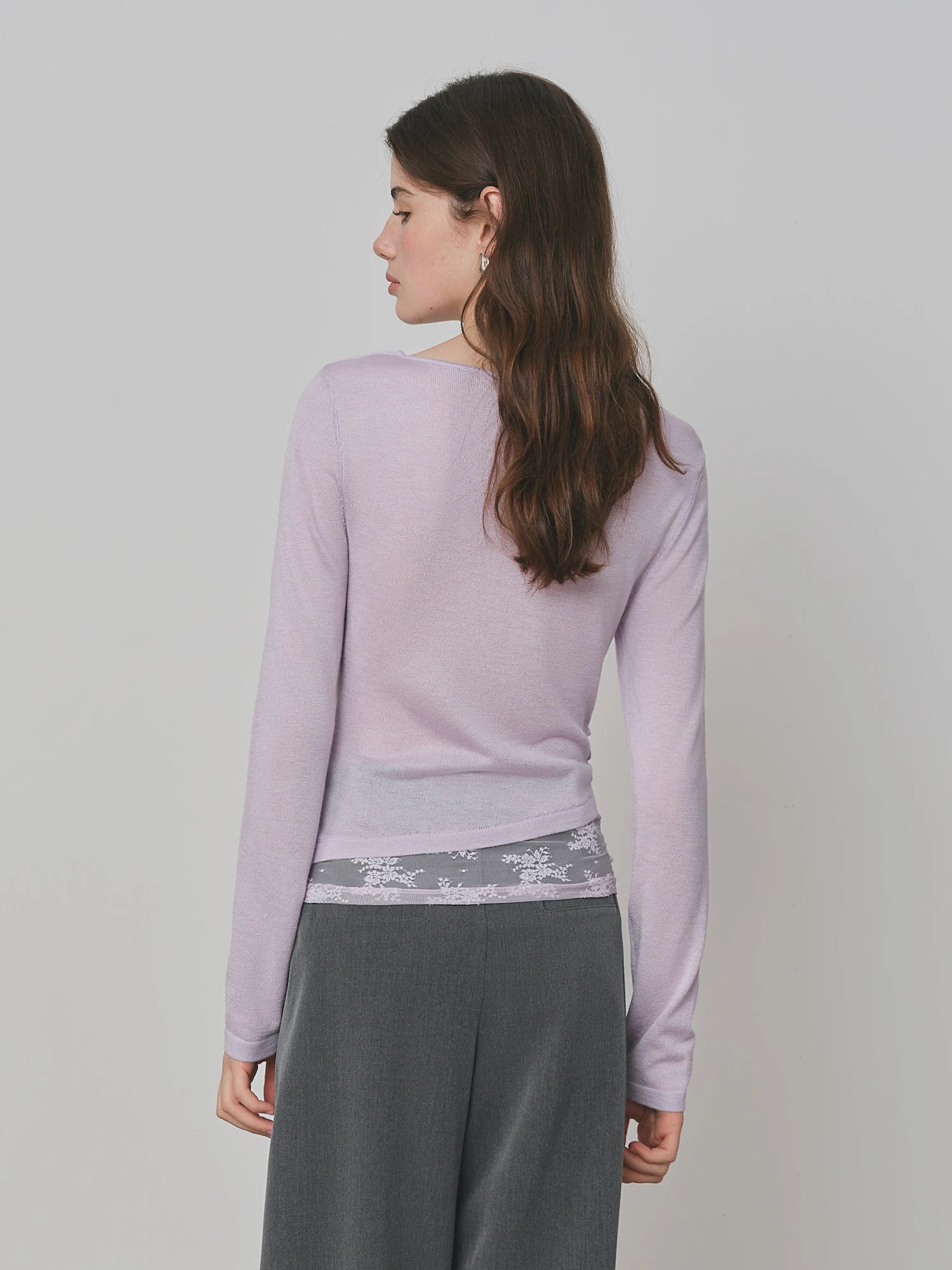 FSLE Purple Swing Collar Mesh Knit Sweater Women 2025 Autumn New Thin Slightly Transparent Long Sleeve Top