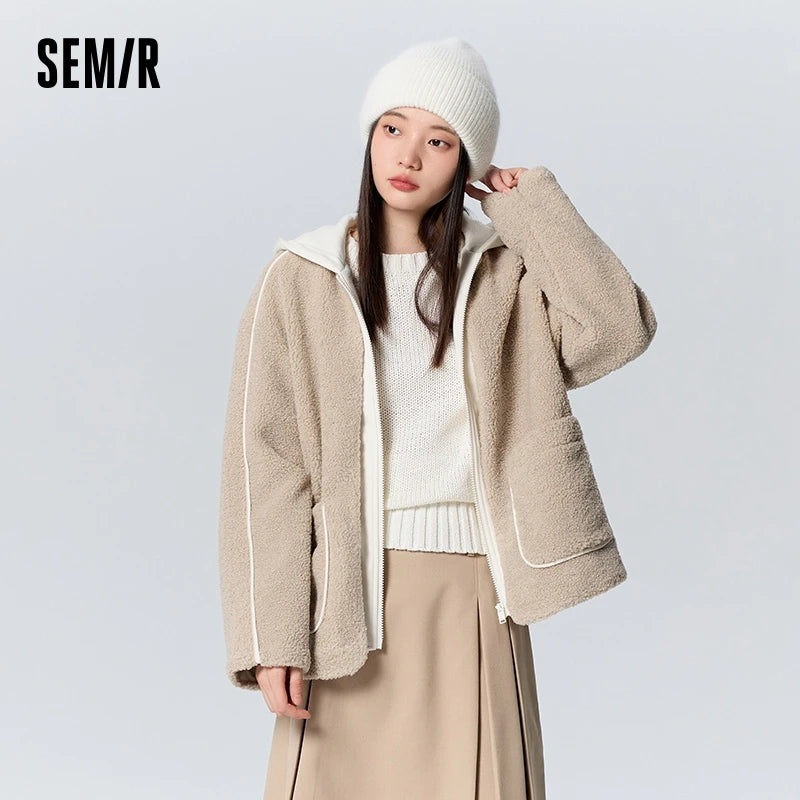 Semir Coat Women Hooded Splicing 2024 New Winter Retro Imitation Lamb Wool Loose Jacket