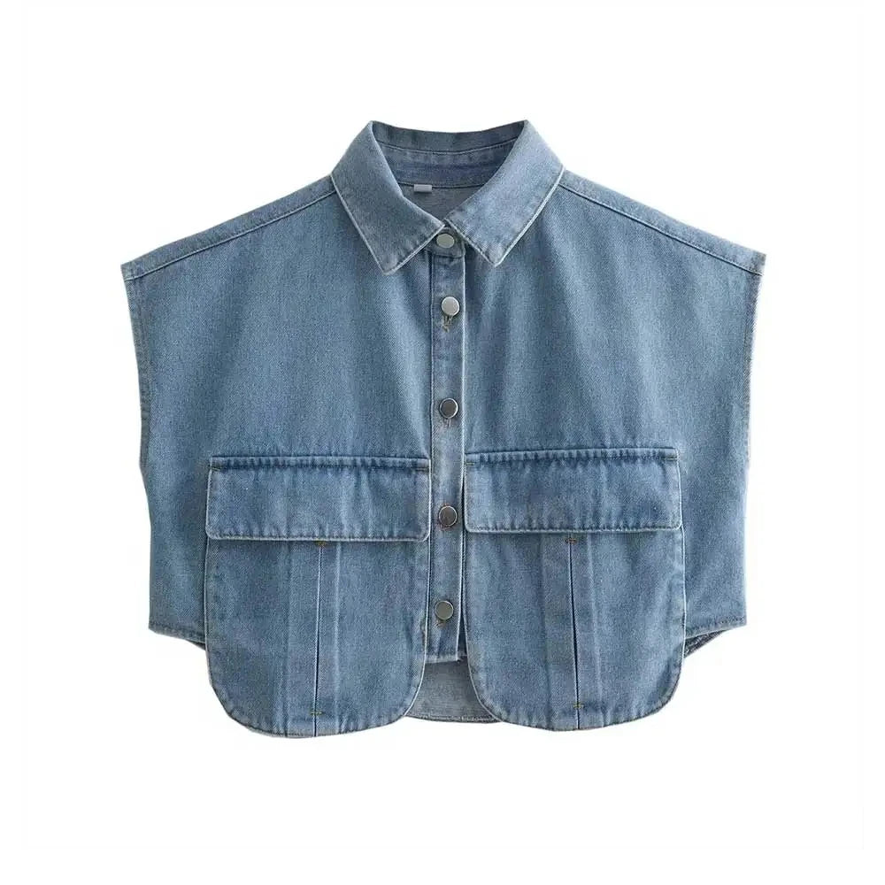 TRAF Women Fashion With Pockets Cropped Denim Shirts Sexy Sleeveless Button-up Female Blouses Blusas Chic Tops