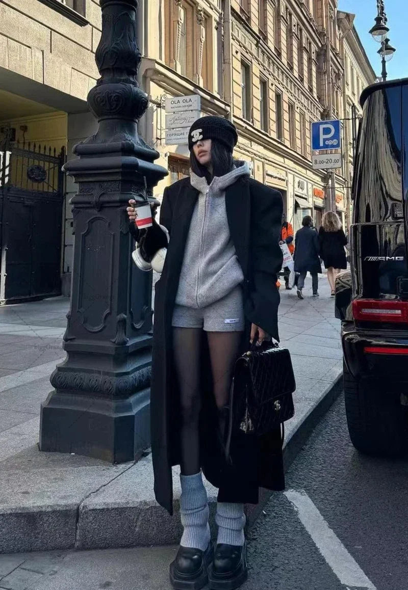 Gray Sexy Clothing Set Women Simple Sports Oversized Hoodie High Waist Shorts  Women Street Solid Color Sweatshirt Women