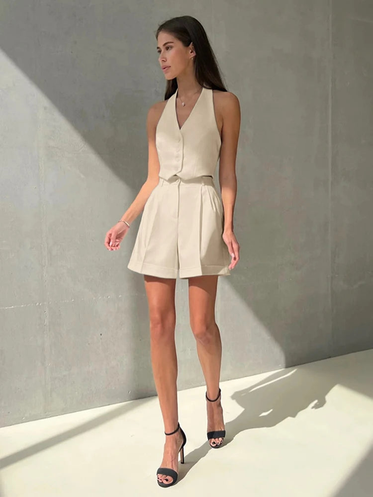 Mueyaruho 2024 Spring Summer Women Office Shorts Suit Set Solid Khaki Sleeveless Halter Outfit 2 Piece Matching Sets For Women
