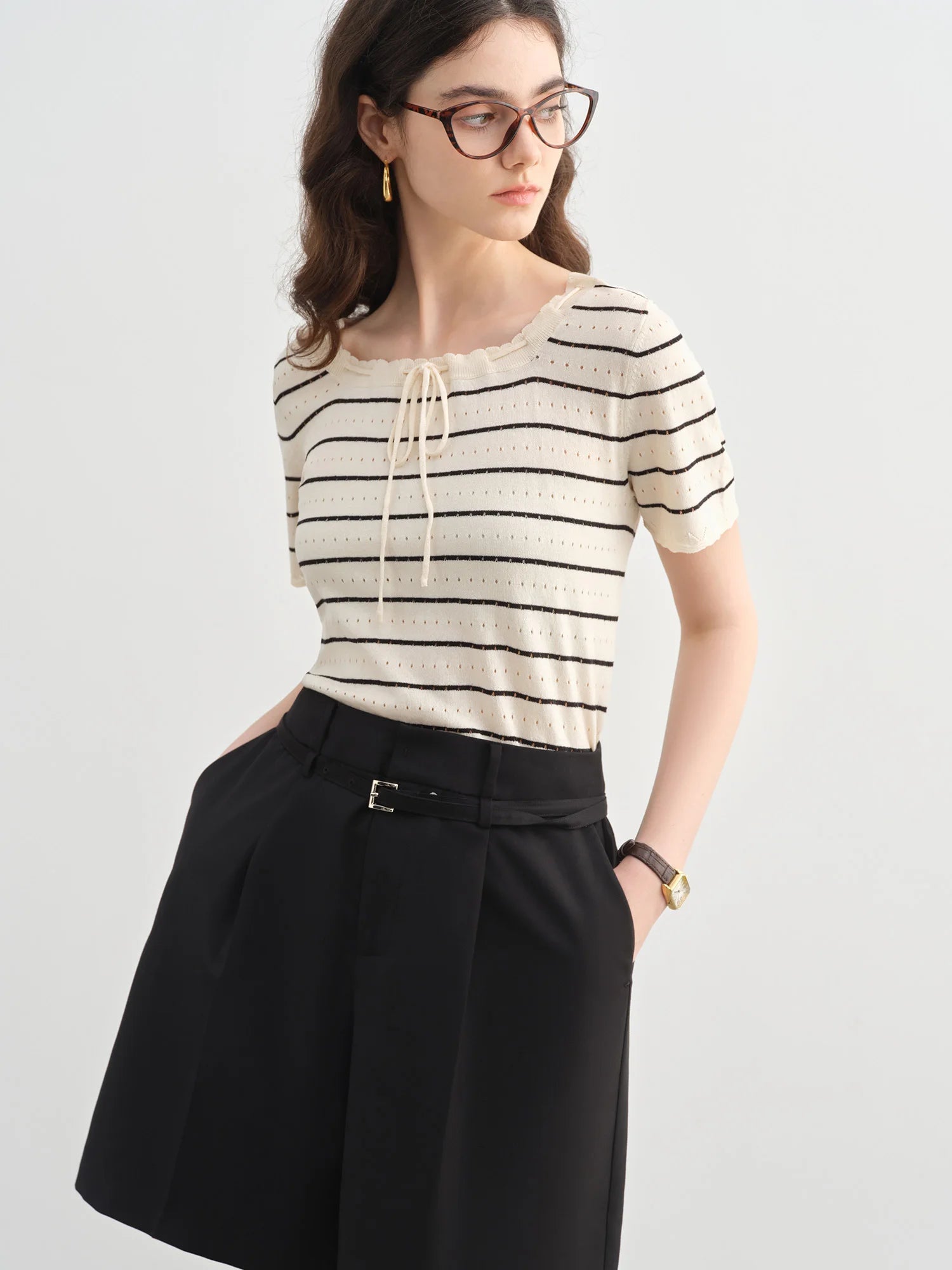 DUSHU Plus-Size Women T-Shirt - Elegant Simple Striped Cut-Out Knit 2025 Summer Collection Nautical Style Pullover