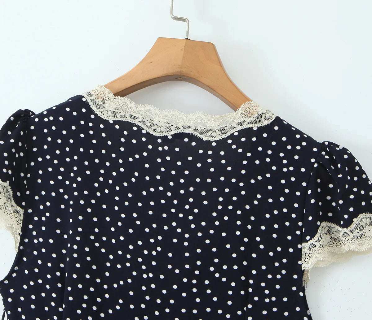 Elegant Navy V Neck Polka Dot Print Lace Trim Dress