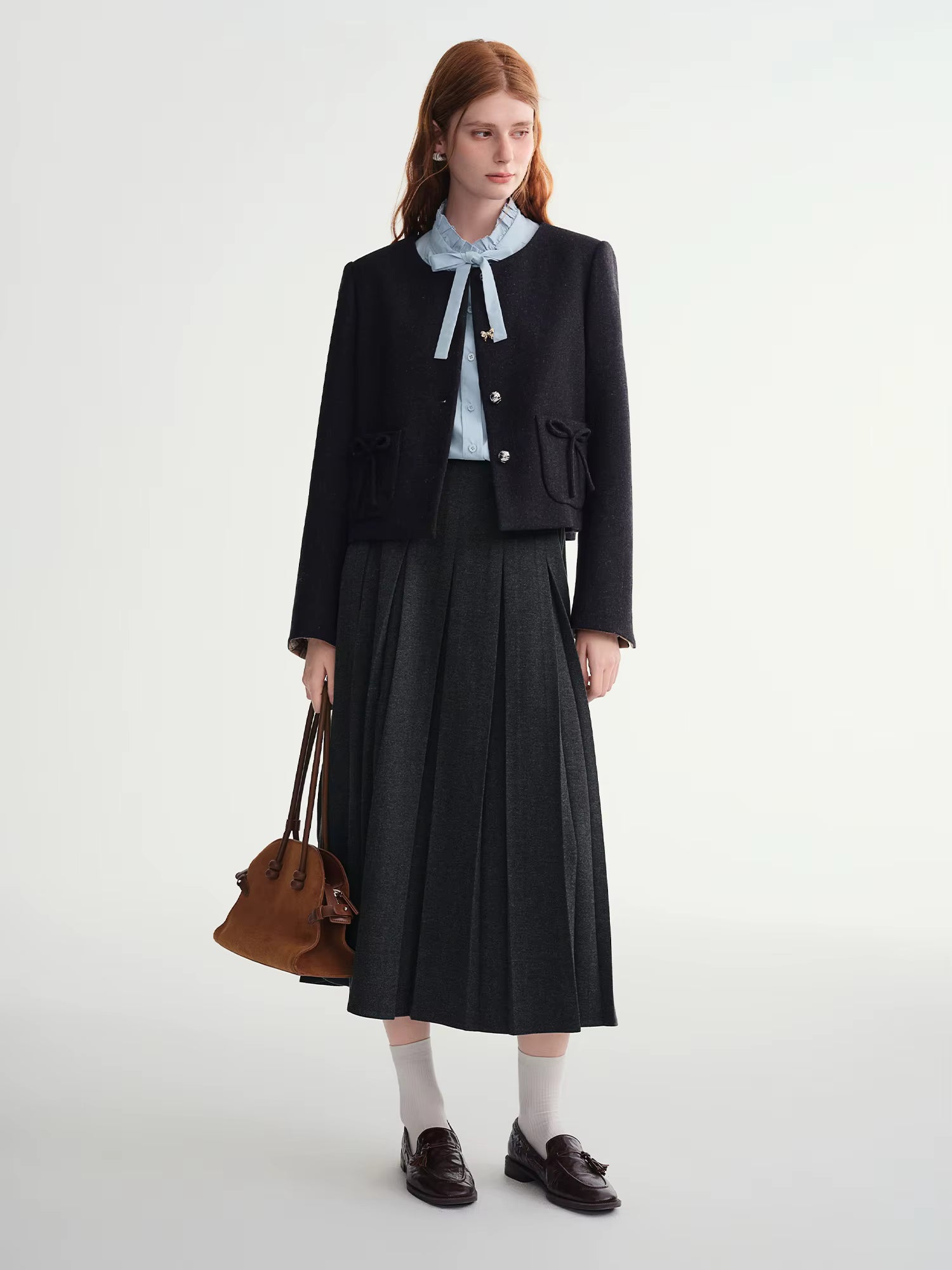 Long Pleated Skirt Women Gray Solid Simple Basics 2025 Autumn and Winter High Waist A-line Mini Skirt Korean Style