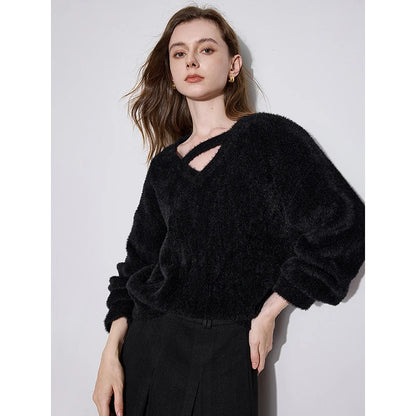 TOYOUTH Women Sweater 2024 Autumn Winter New Off Shoulder V-neck Soft Fake Fur Long Sleeve Knitted Pullver Tops