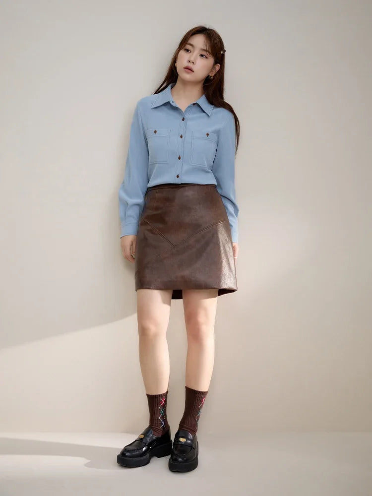 DUSHU Vintage Brushed Leather Half Skirt High Waisted A-line Half Skirt Winter 2023 New Short Skirt For Women Casual Loose