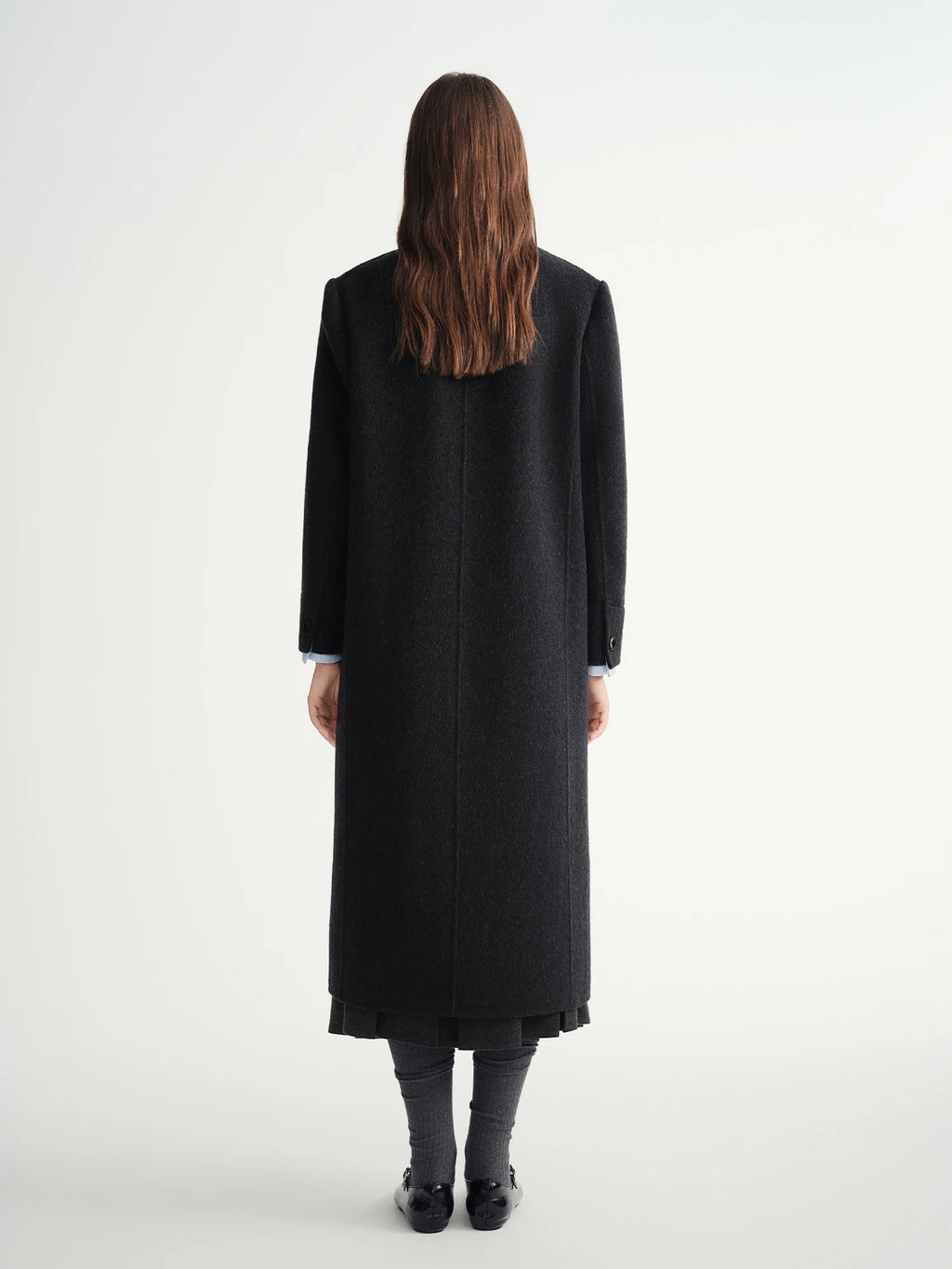 Temperament Turn Down Collar Long Woolen Coat Straight Shoulder Pure Wool Coat European Style Commuting Elegant