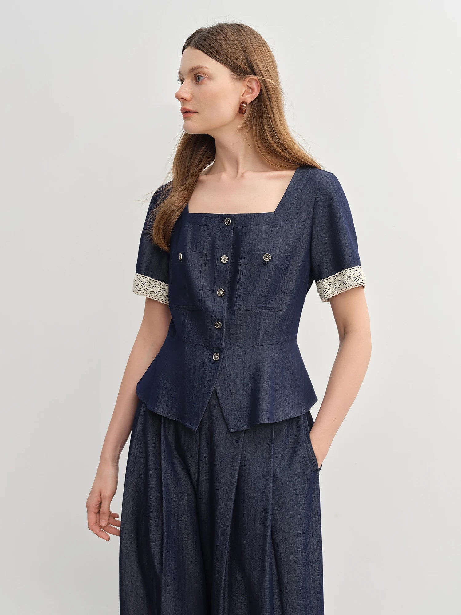 DUSHU Women's French Vintage Lace Square Neck Blouse Relaxed Wide-Leg Tros 2025 New Cowboy-Inspired Set