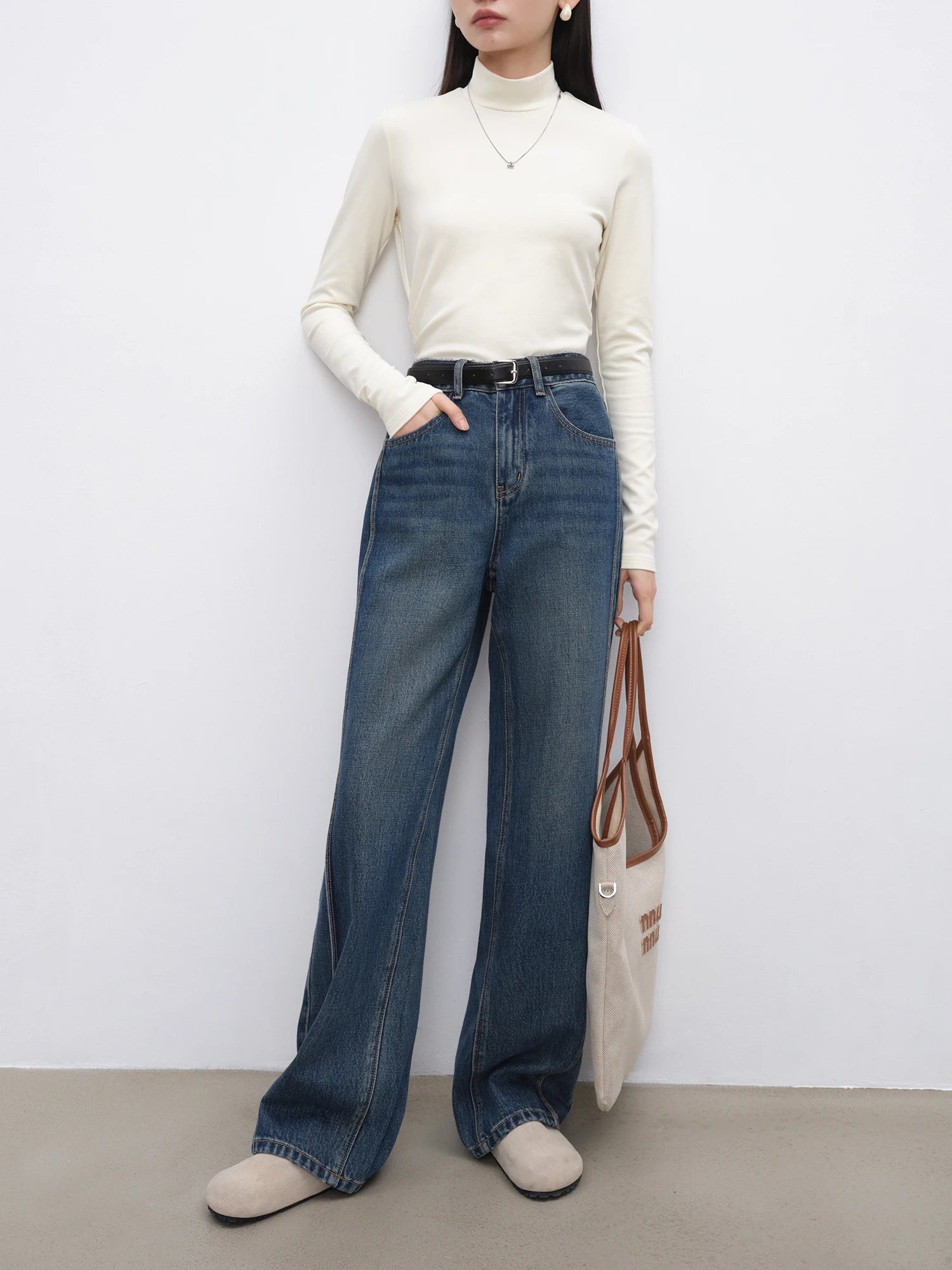 ZIQIAO Straight Jeans women 2024 autumn new white mopping pants straight all-match casual blue pants 24ZQ93015