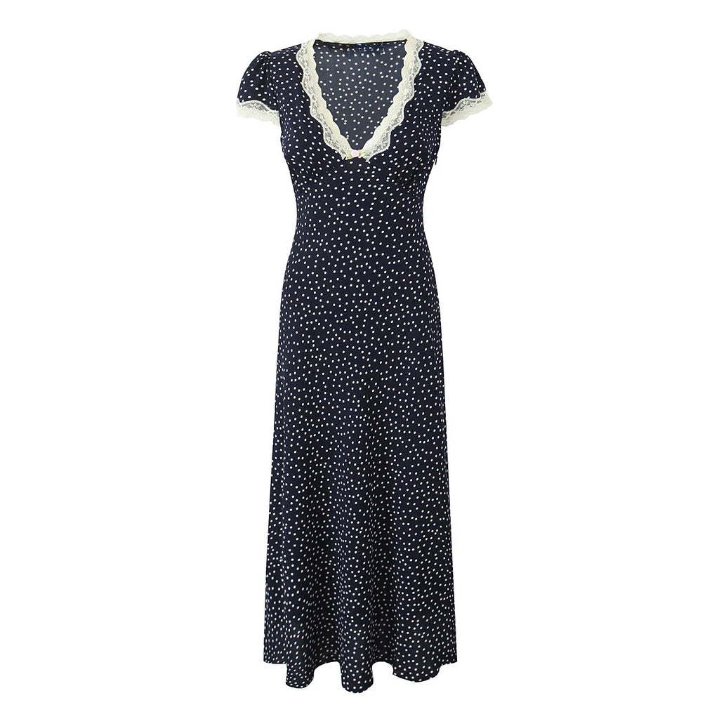 Elegant Navy V Neck Polka Dot Print Lace Trim Dress