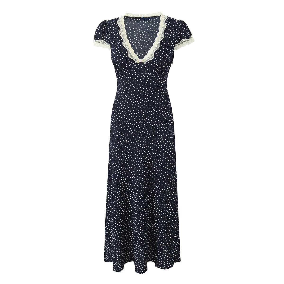 Elegant Navy V Neck Polka Dot Print Lace Trim Dress
