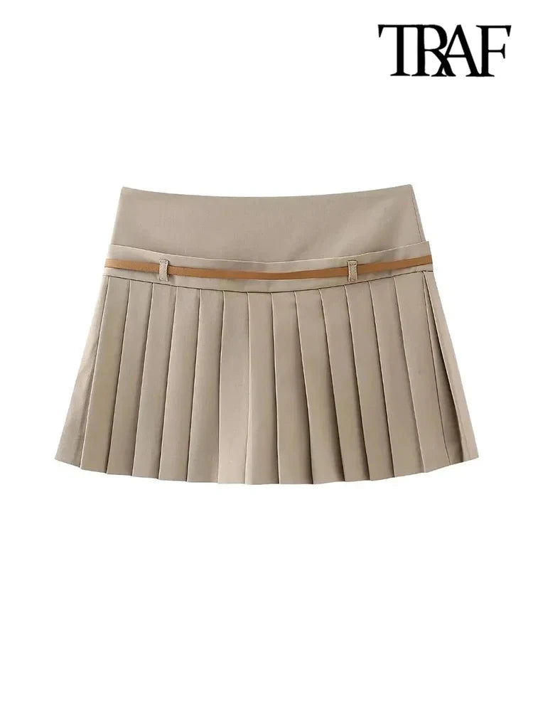 TRAF-Pleated Shorts Skirts for Women With Belt, Side Zipper, Mid Waist, Female Skort, Chic Fashion