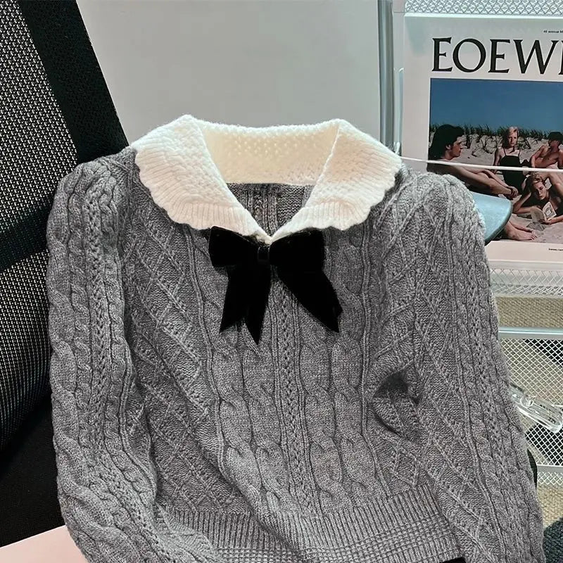 Design Bowknot Grey Fried Dough Twists Sweater Women's Autumn and Winter New College Style Knit Backing Shirt