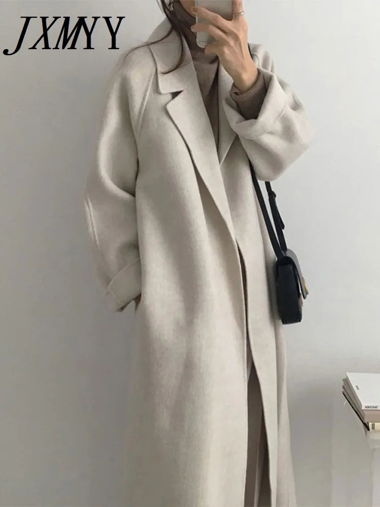 JXMYY French Lazy Style Warm Female Fresh Winter 2024 Classical Belt Retro Loose Women Woolen Coats Chic Casual Long Coat Long