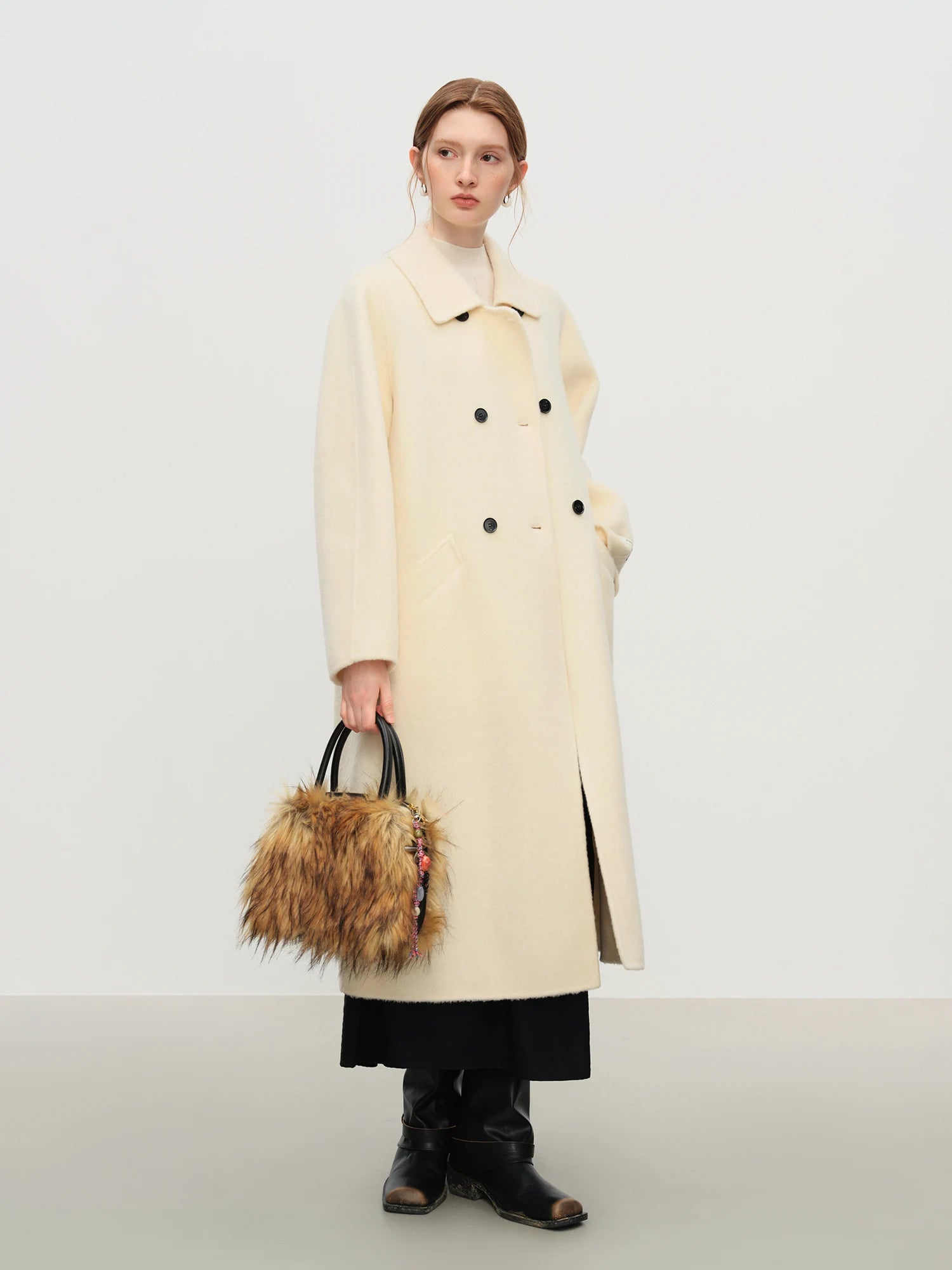 FSLE 2025 Women's Yak Wool Blend Coat - Peter Pan Collar Double Breasted Winter Trench with Flattering Silhouette Office Elegant