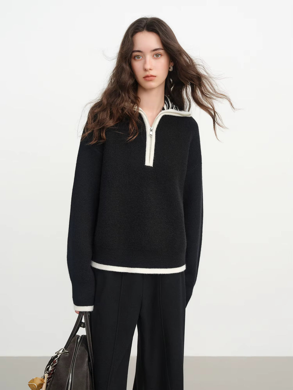 Women's 2025 Autumn/Winter New Style Ribbed Loose-fitting Zipper Stand Collar Color Block Inner Knit Sweater