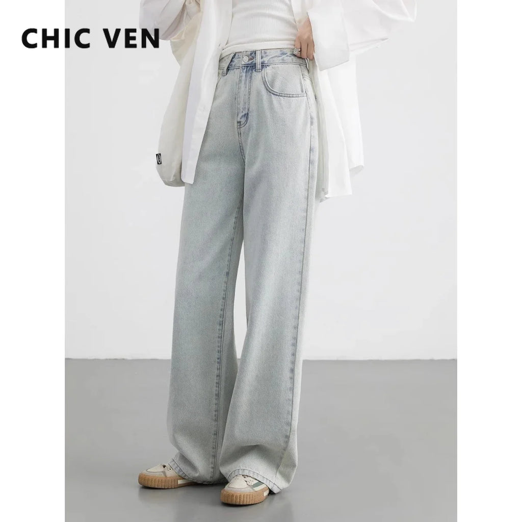 CHIC VEN Women Jeans Casual New High Waisted Cotton Straight Wide Leg Trousers Female Long Denim Pants Spring Autumn 2024