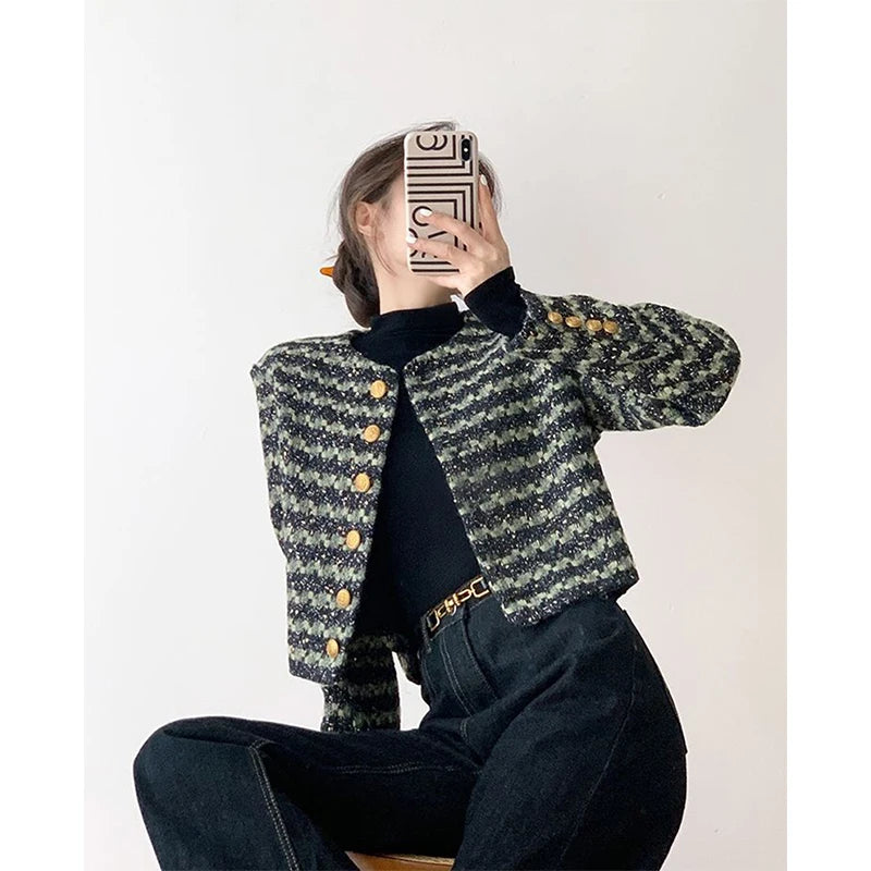 MEXZT Vintage Tweed Jacket Women Elegant Cropped Quilted Coat Winter Thicken Short Blazer Ladies Korean Chic Suit Outerwear New