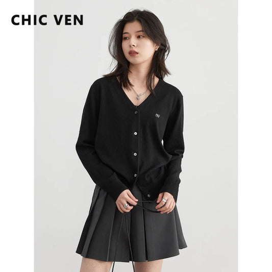 CHIC VEN Women Cardigan Solid Loose Single Breasted New V-neck Embroidered Knitted Sweaters Female Jumpers Spring Autumn 2024