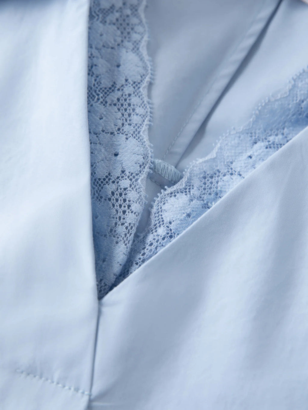 FSLE Autumn 2025 Women's V-Neck Blouse - Lace Trim Loose Fit White Shirt Casual Office Wear with Floral Embroidery