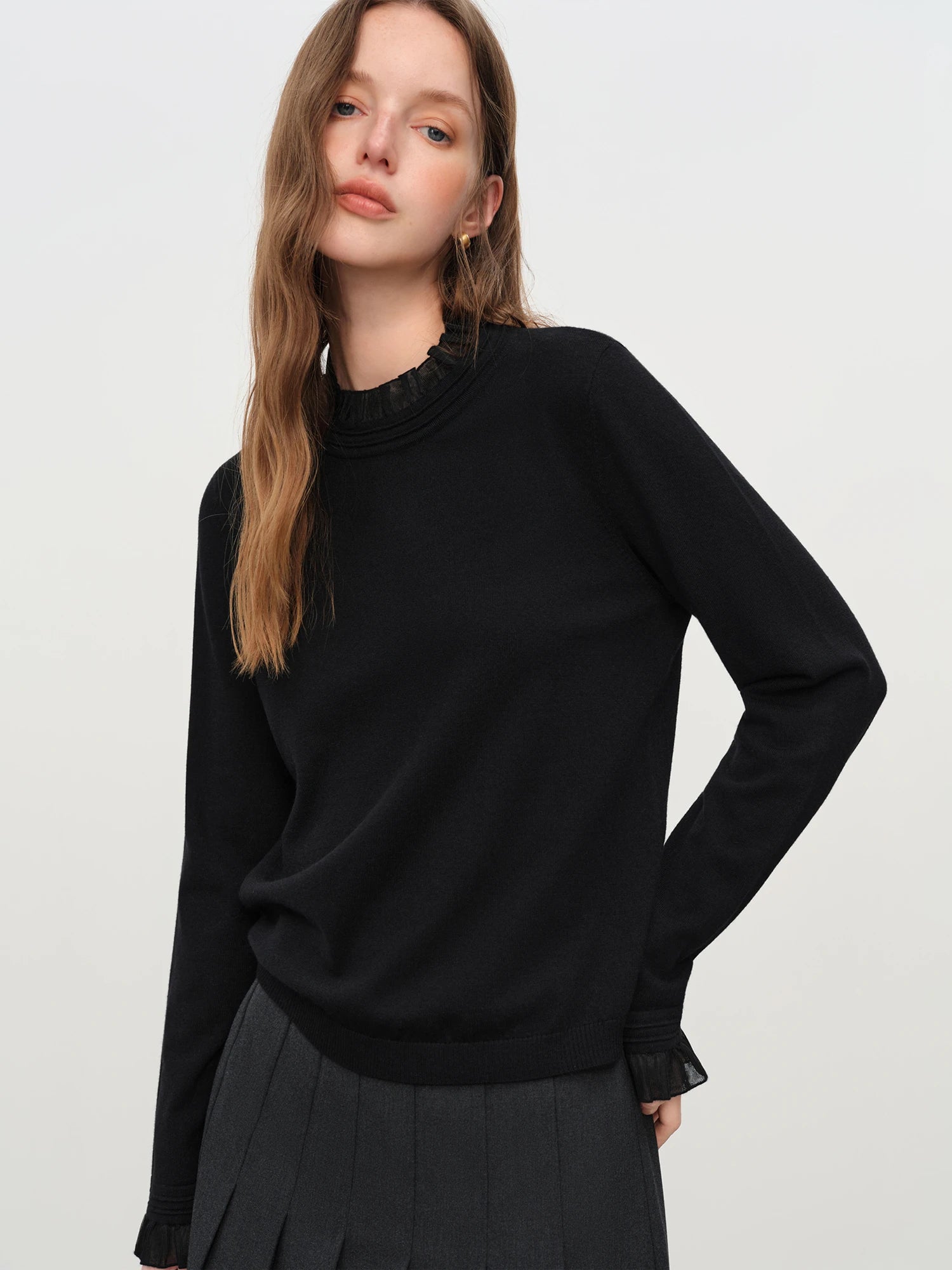 2025 Women's Mock Neck Knit Top - Ruffle Trim Detail Layering Staple Autumn Winter Base Layer with Soft Stretch Fit