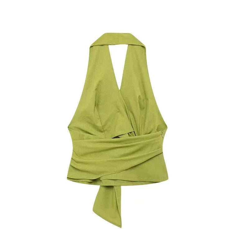 Vintage Halter Backless Top Pants Set for Women Elegant Lace up V-neck Vests Trousers Fashion Casual Solid Color Women‘s Sets