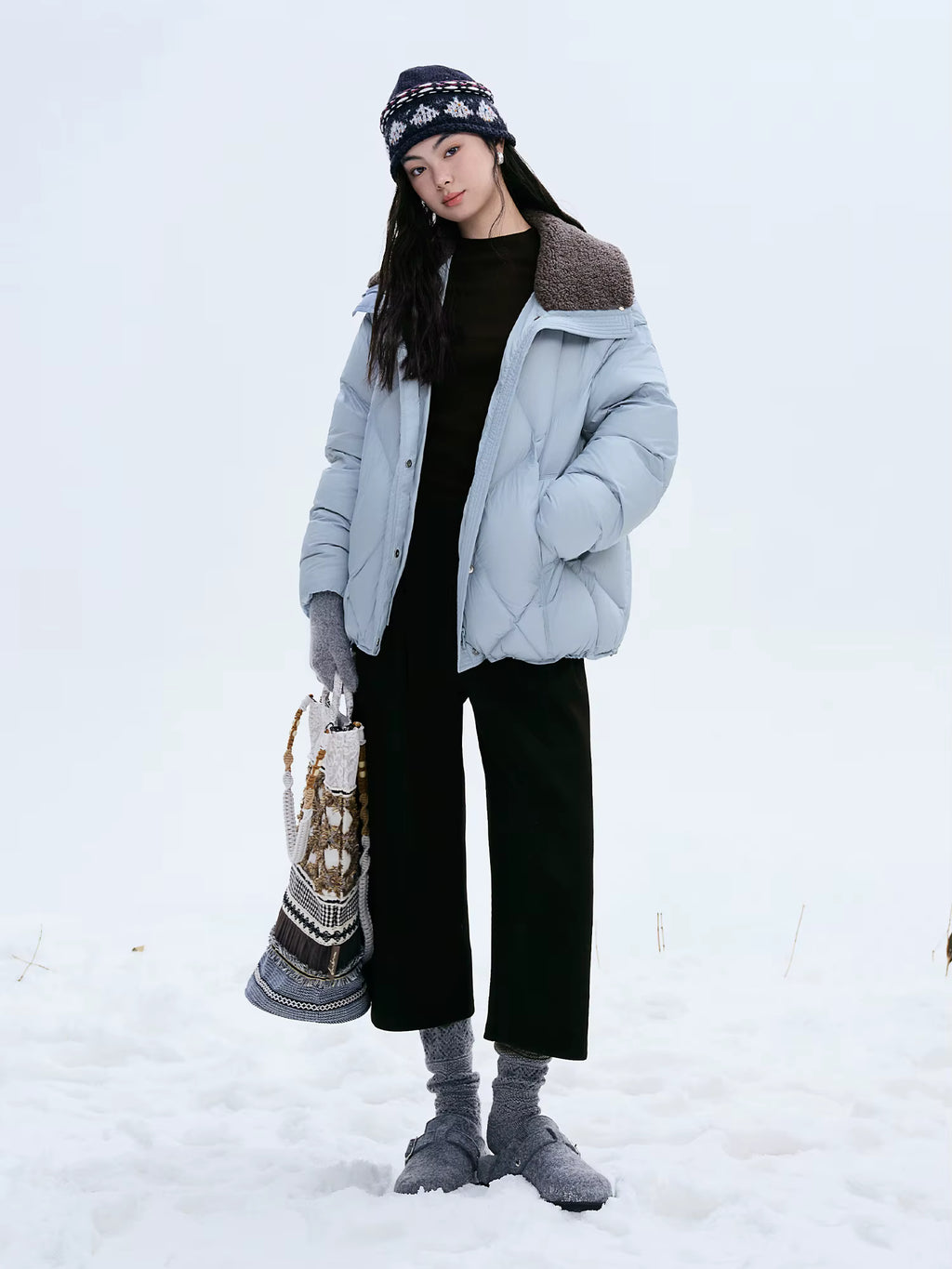 Furry Lapel Quilted White Duck Down Coats Women Casual Daily Retro Simple Loose Short Warm Coat Contrast Color Girlish BF