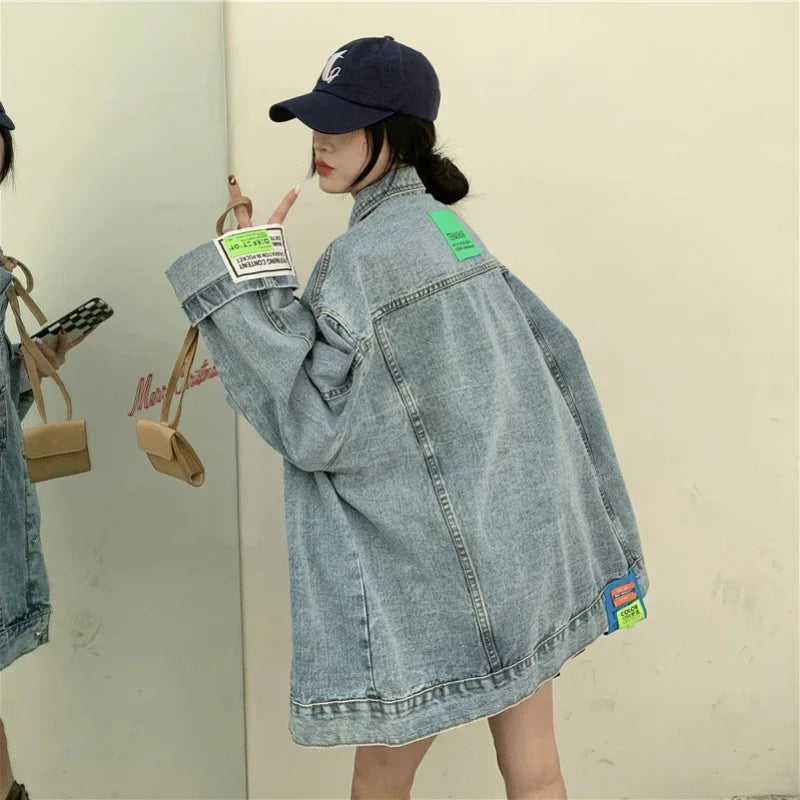 High Street Fashion Oversized Denim Jacket Women Korean Loose Long Sleeve Button Down Jean Jackets Female 2024 New