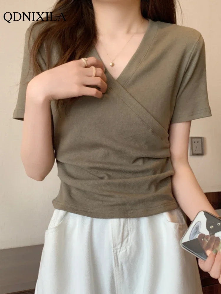 2024 Summer New Korean Fashion Cross V-neck Women's T-shirt Short Sleeve Slim Bottoming Shirts Crop Top Youthful Woman Clothes