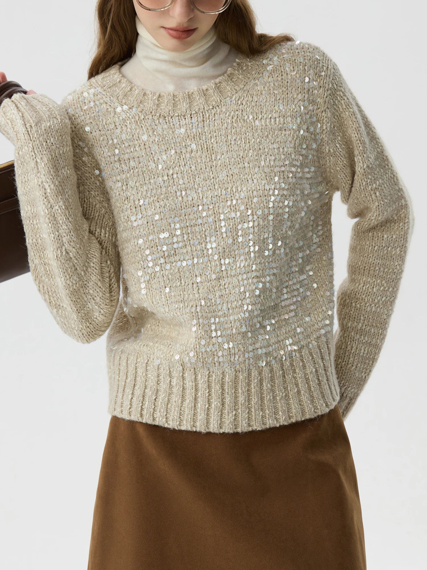 FSLE 5.9% Sheep Wool Sequined Knitted Sweater For Women Winter 2024 New Design Two Colors Long Sleeve Pullover 24FS14254