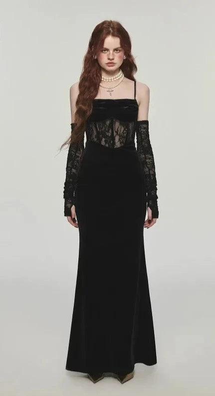 Spaghetti Strap Lace Corset Maxi Sheath Dress + Arm Sleeves