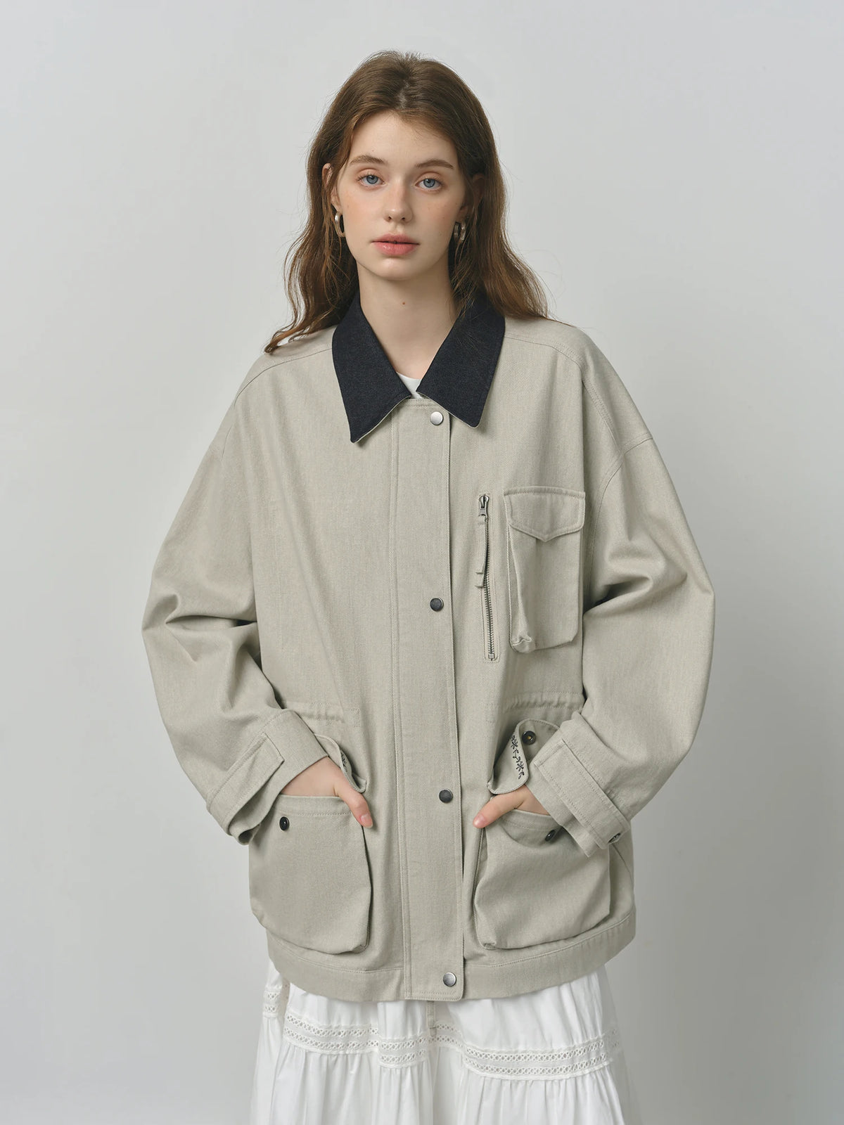 FSLE 2025 Women's Vintage Utility Jacket - Short Cropped Contrast Collar Autumn Casual Coat with Retro Design & Relaxed Fit