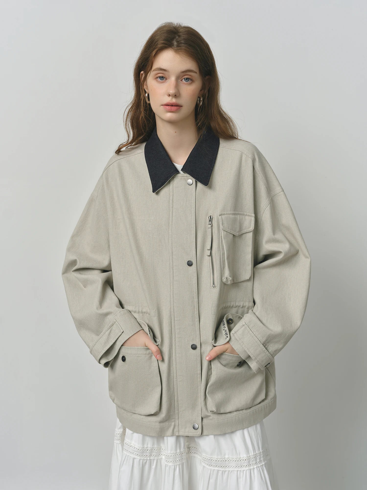 FSLE 2025 Women's Vintage Utility Jacket - Short Cropped Contrast Collar Autumn Casual Coat with Retro Design & Relaxed Fit