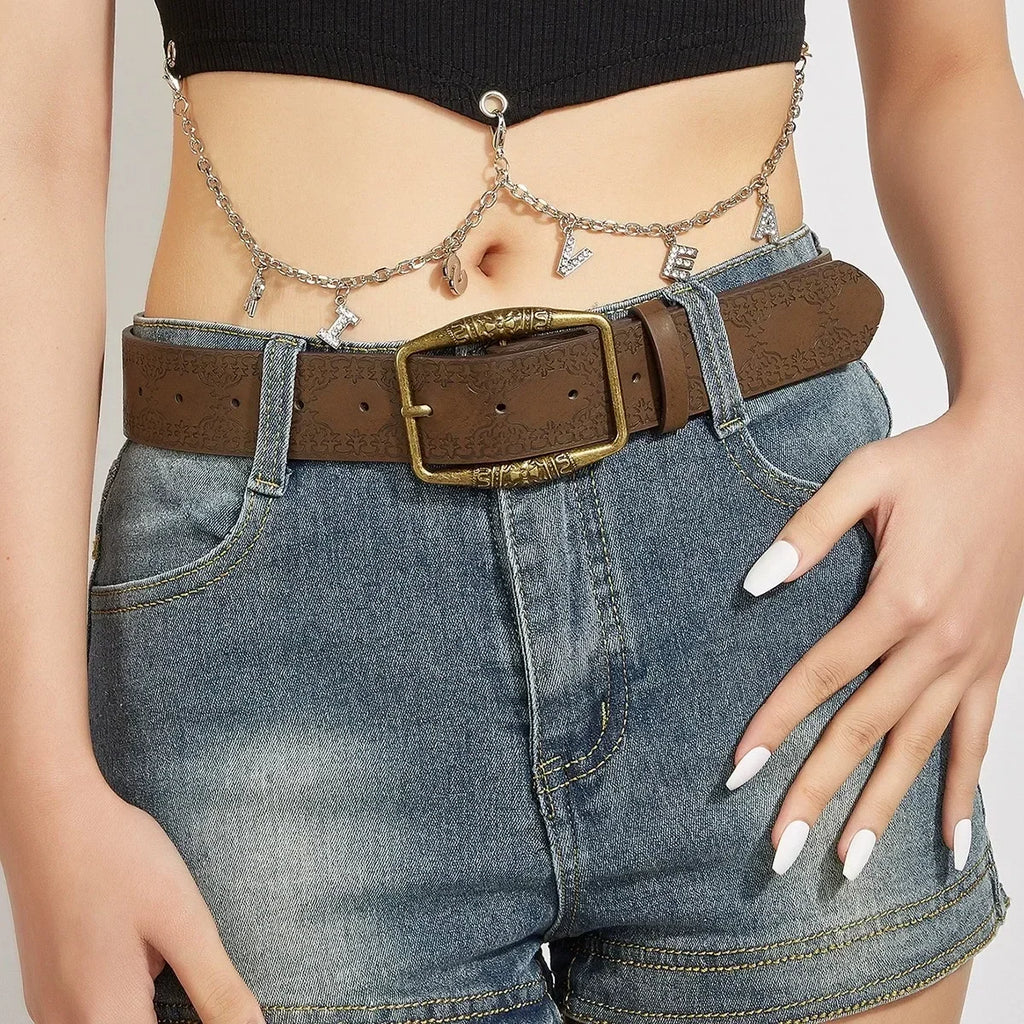 Pattern Print Retro Y2K Belts For Women Luxury Designer Brand Buckle Pin Waist Belt Female Pu Leather Hip Hop Fashion Waistband