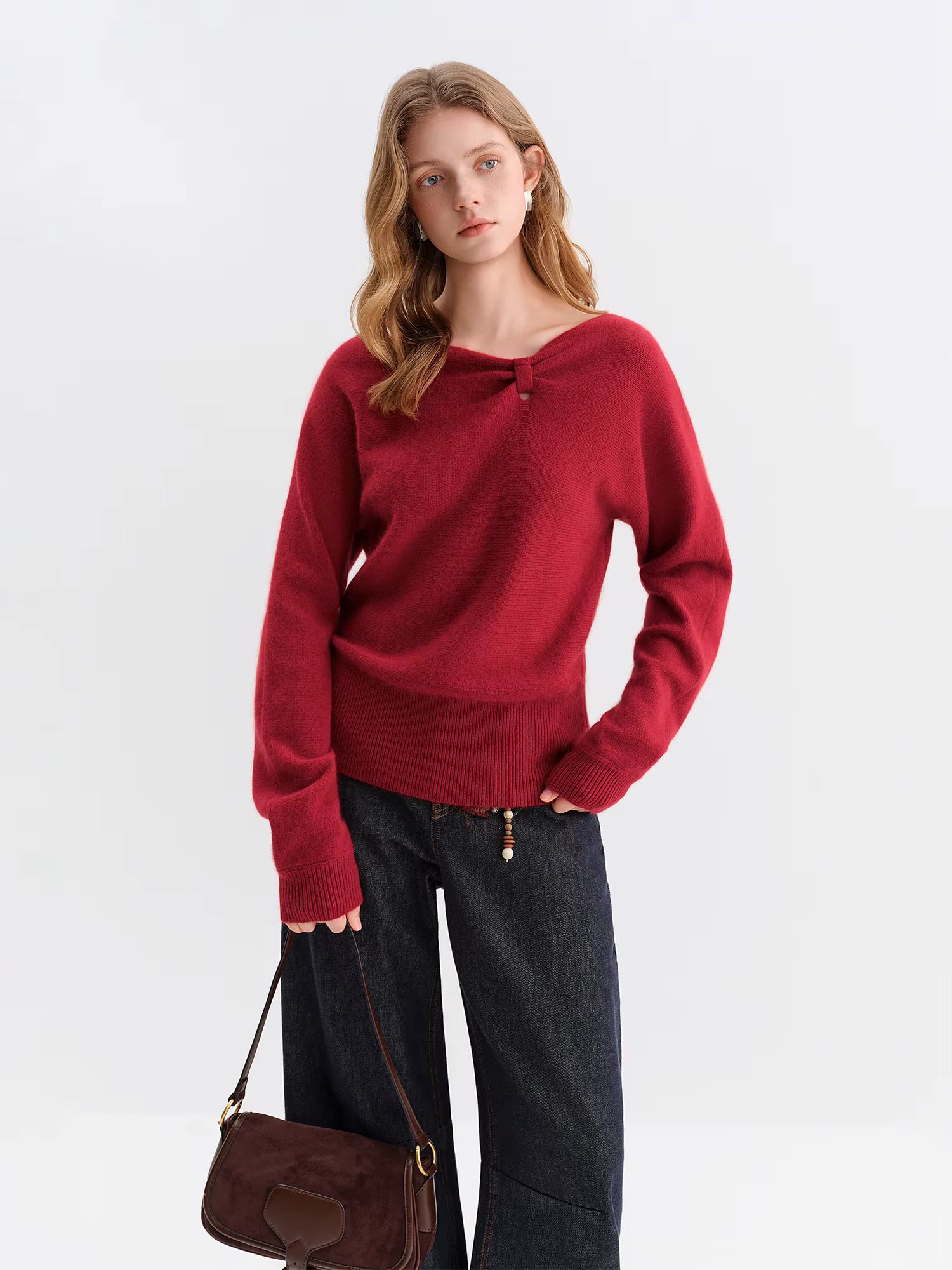 Soft Butterfly Pleated Close-Fitting Crew Neck Knit Sweater for Women Winter 2025 New Arrival Red Sweaters Sweet Pullovers