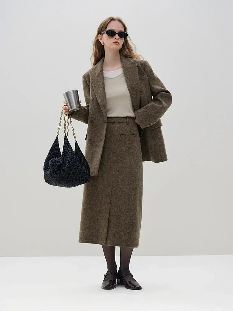 FSLE 100% Wool Brown Temperament Blazer Skirt Set Notched Collar Double Brested Wool Jackets Front Spilt Women Long Wool Skirt