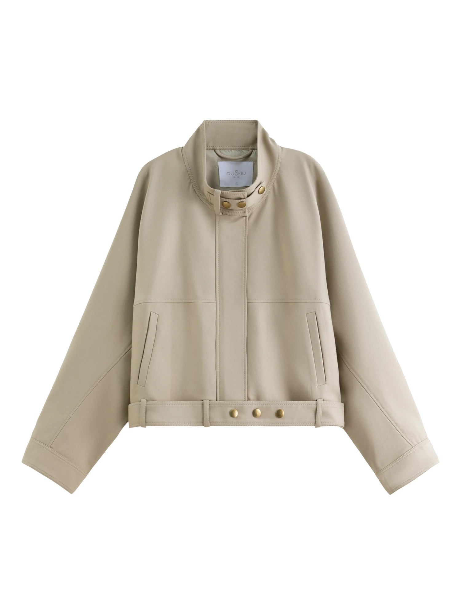 DUSHU American Style Buckled Stand Collar Belt Jacket Short Coat Women Vintage Tops 2025 Autumn Casual Coat